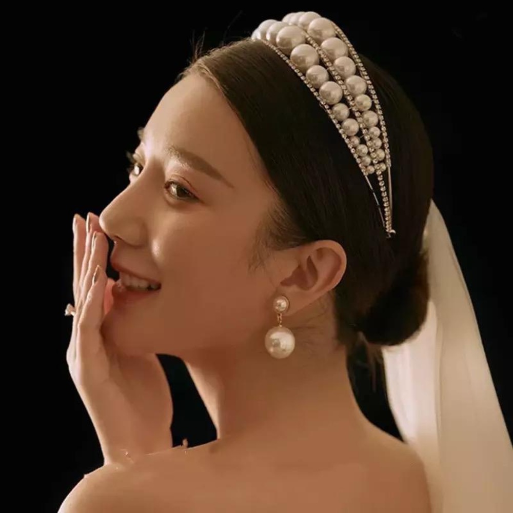 The Double Row Pearl Crystal Tiara Bridal Headband in Silver